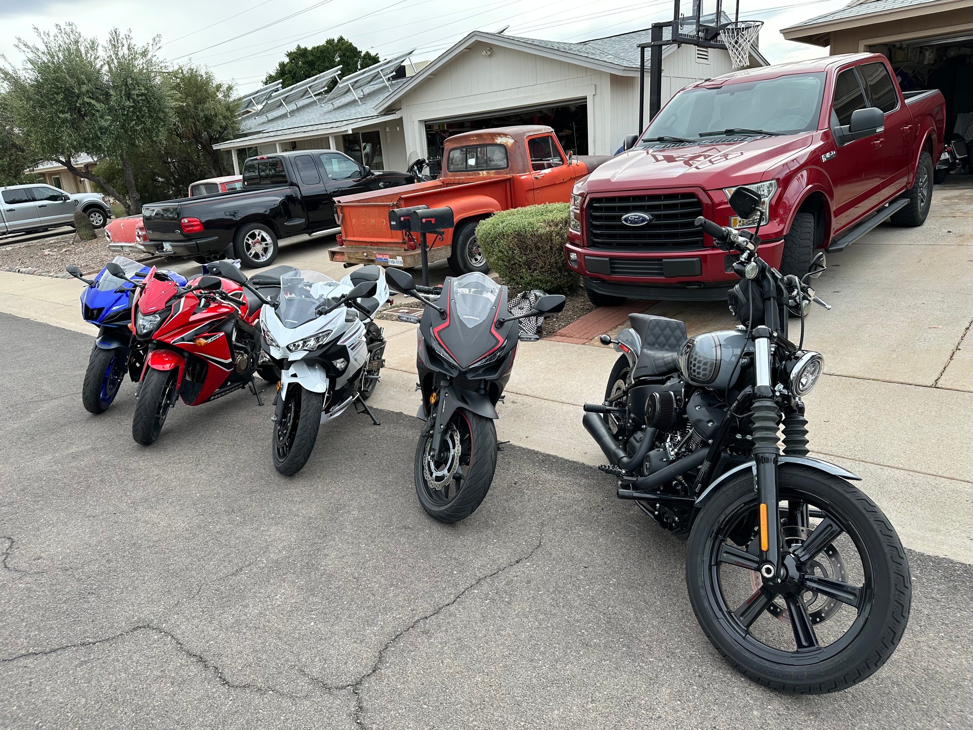 picture of a line of aftermarket parts on motorcycles.